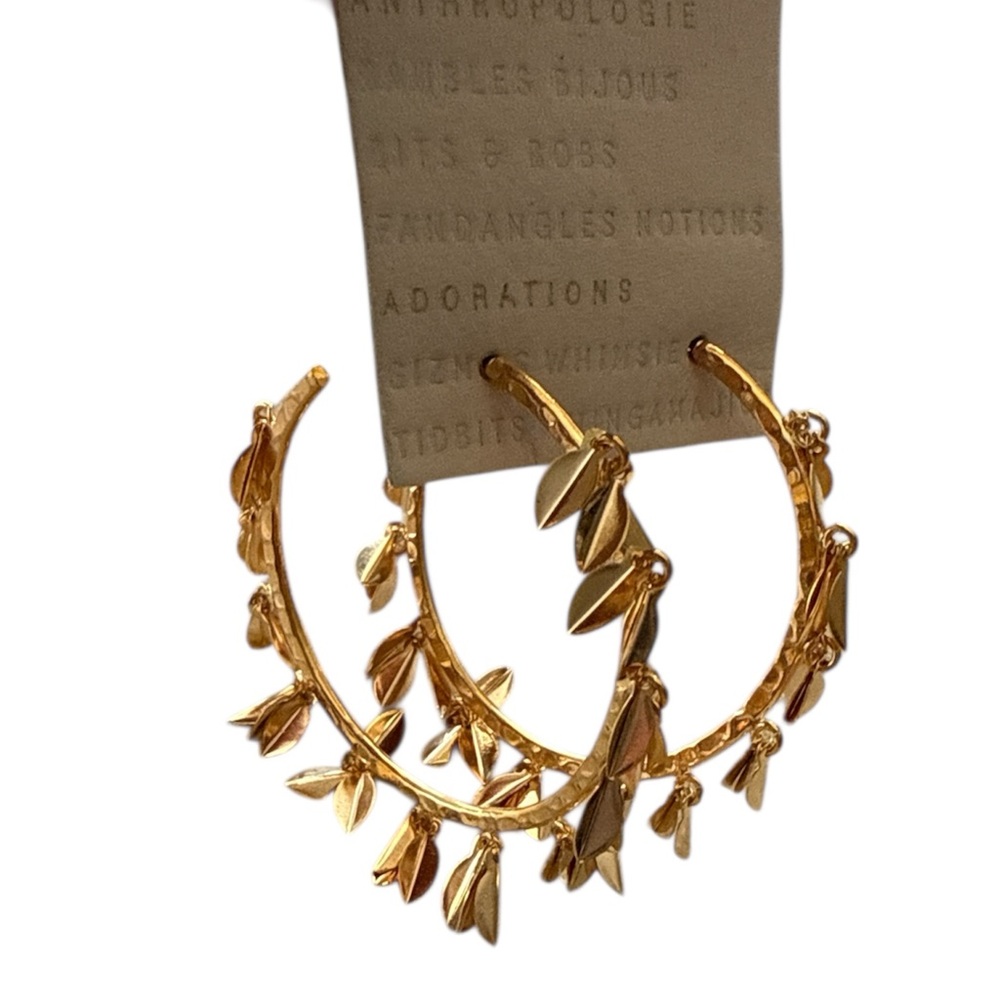 NWT Anthropologie Botanical Burst Gold Leaf Dangle Hoop Earrings